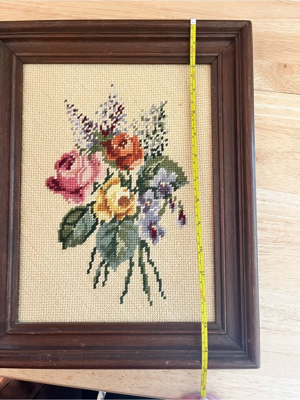 Vintage Handmade Floral Cross-Stitch Wall Art in Wood Frame